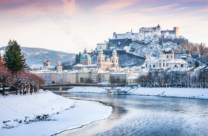 Salzburg skyline with river Salzach in winter, Austria